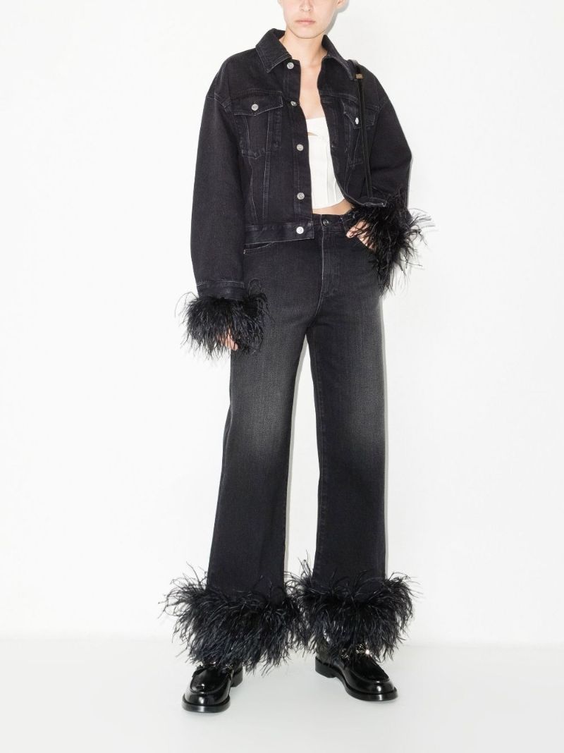 Black Straight Leg Feather Trim Jeans
