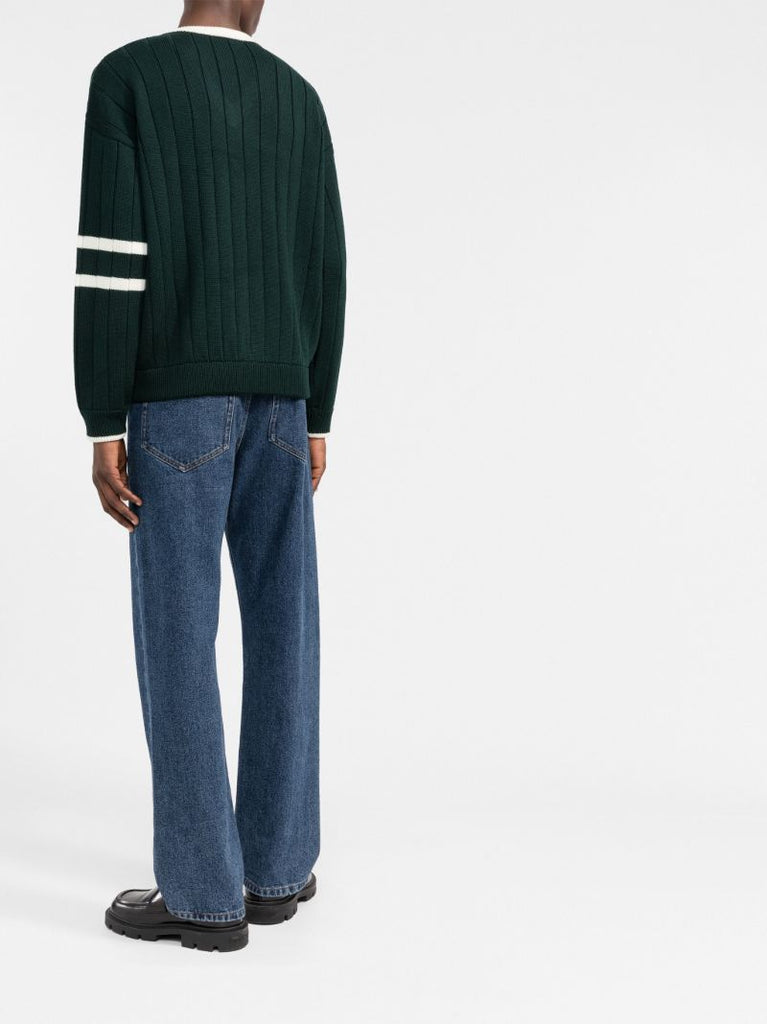 Green Embroidered V-neck Wool Sweater