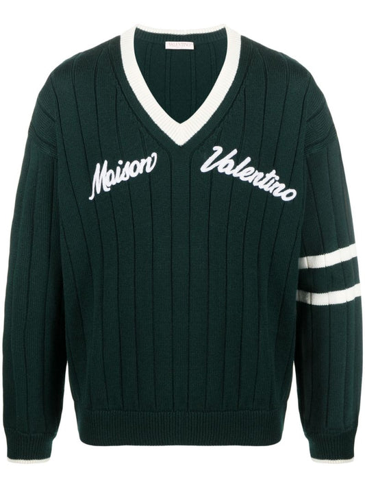 Green Embroidered V-neck Wool Sweater