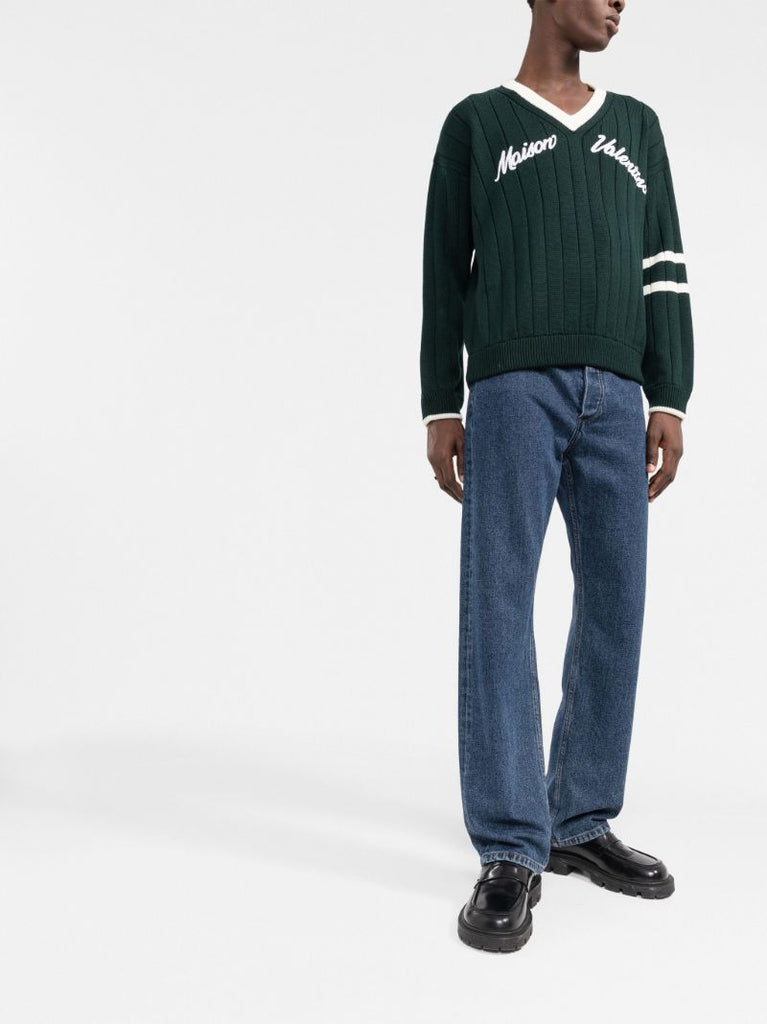 Green Embroidered V-neck Wool Sweater