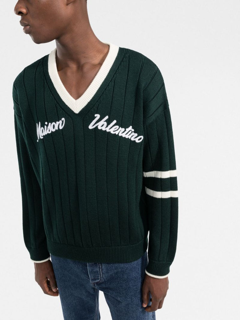 Green Embroidered V-neck Wool Sweater