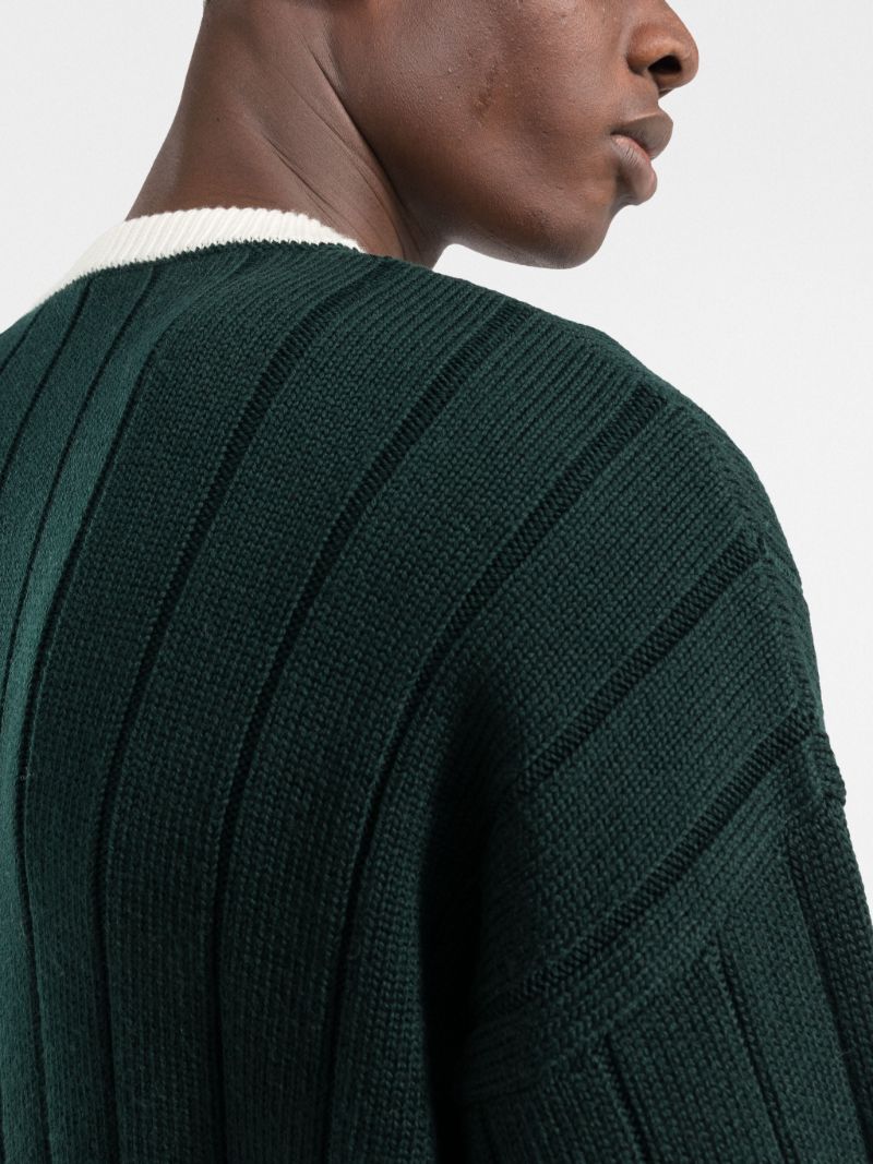 Green Embroidered V-neck Wool Sweater