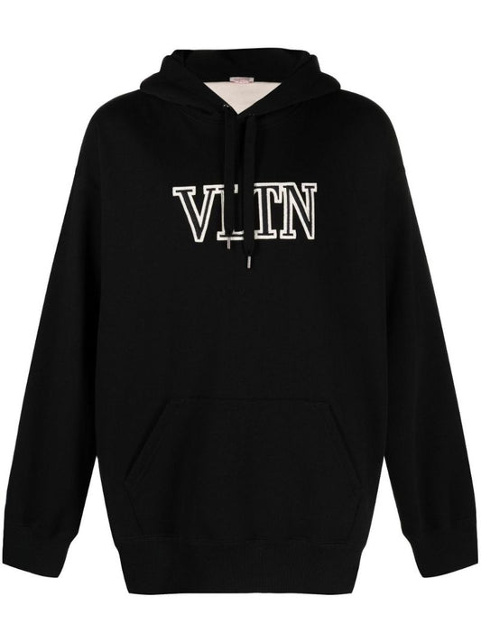 Black Embroidered Logo Cotton Hoodie