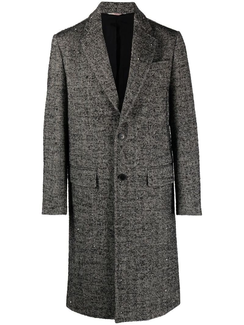 Grey Rockstud Embellished Wool Tweed Coat