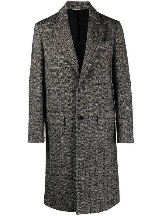 Grey Rockstud Embellished Wool Tweed Coat