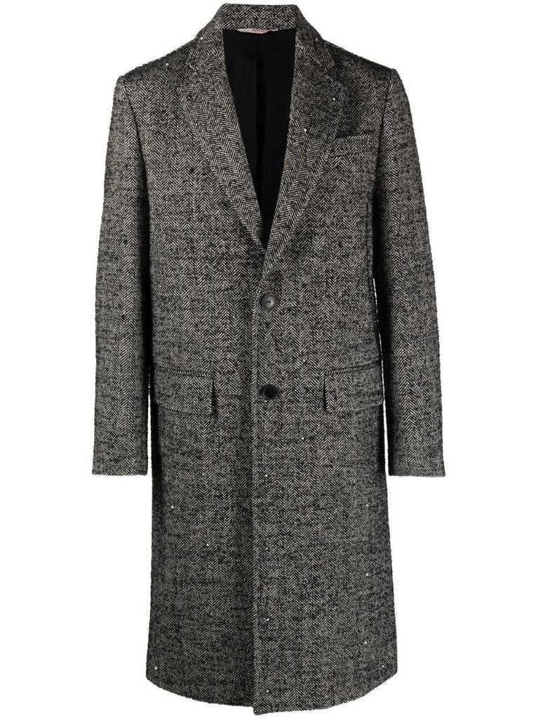 Grey Rockstud Embellished Wool Tweed Coat