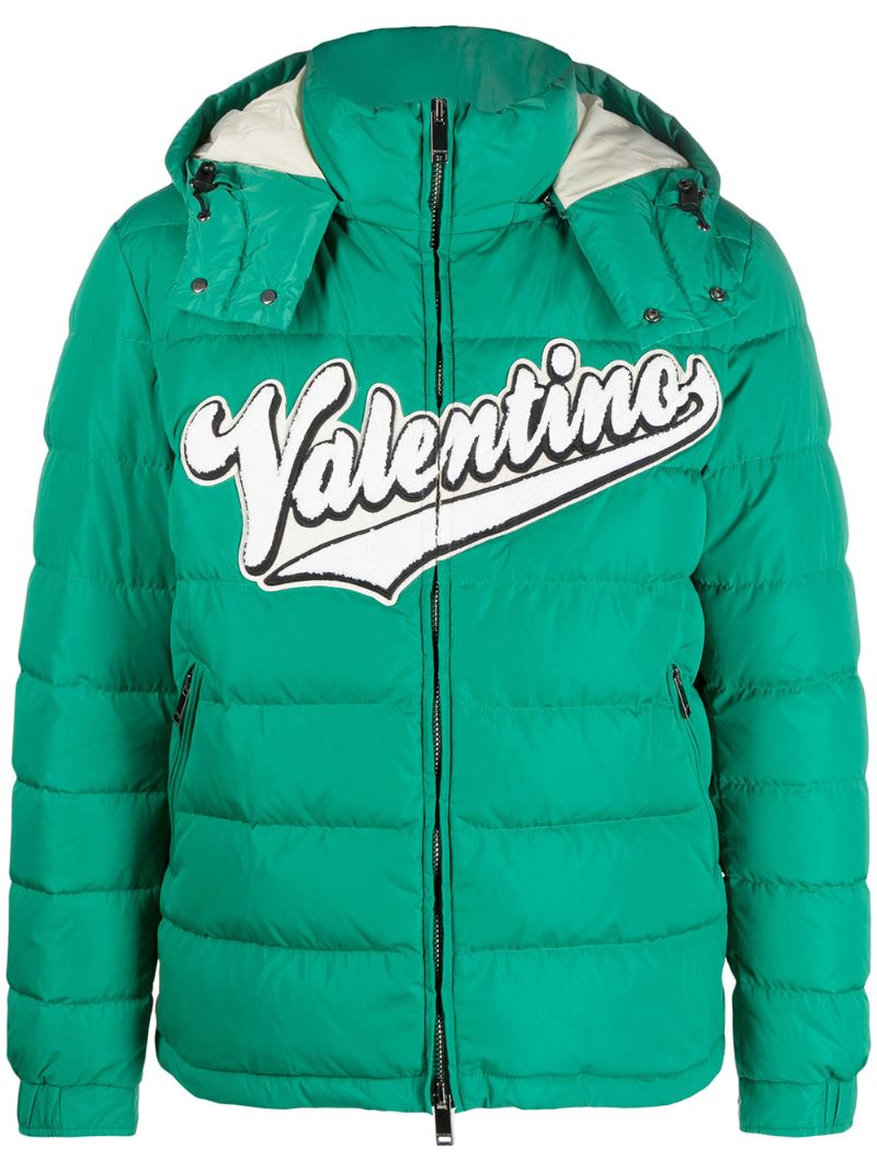 Green Embroidered Logo Hooded Down Jacket