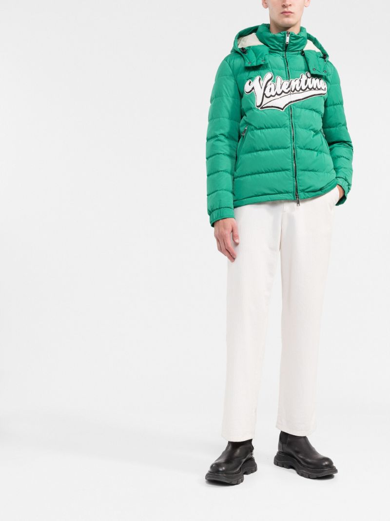 Green Embroidered Logo Hooded Down Jacket