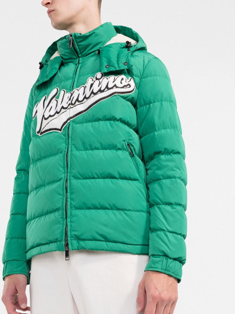 Green Embroidered Logo Hooded Down Jacket