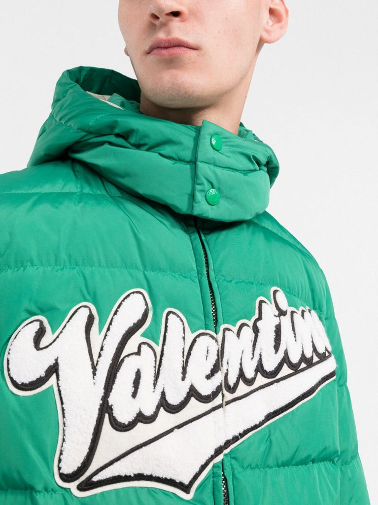 Green Embroidered Logo Hooded Down Jacket