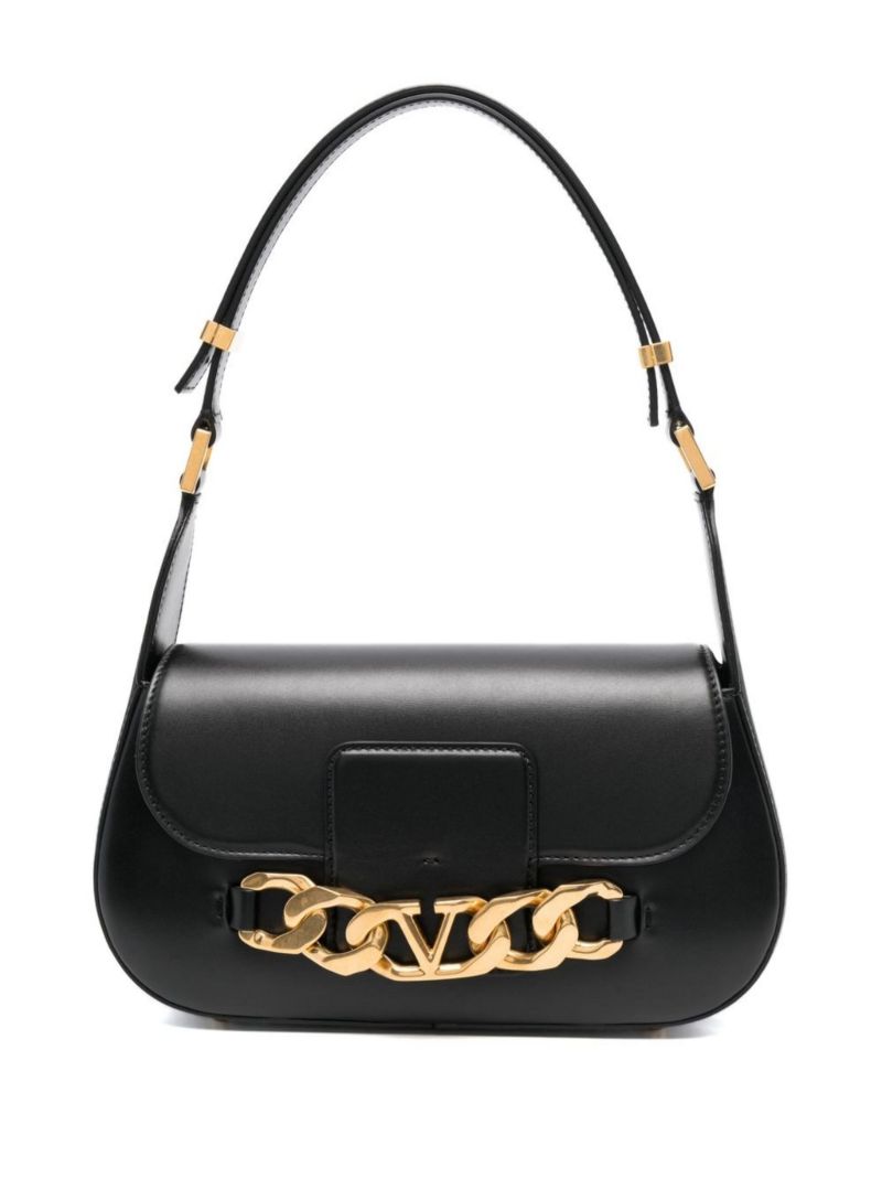 Black Vlogo Chain Leather Shoulder Bag