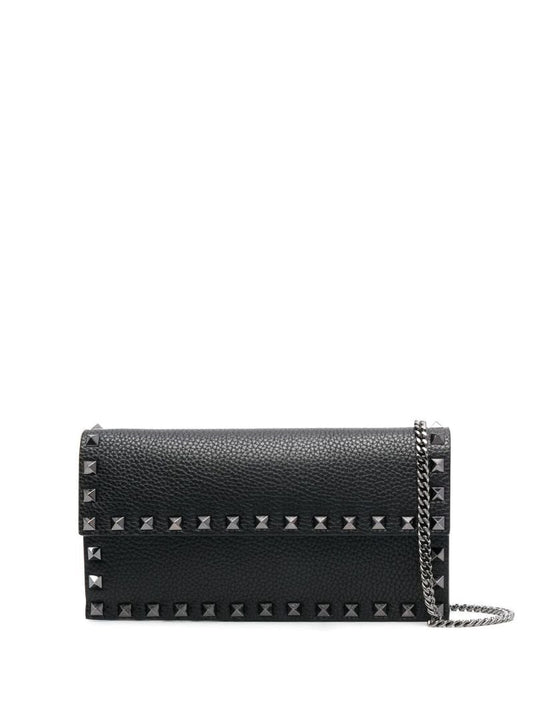 Black Rockstud Leather Chain Wallet