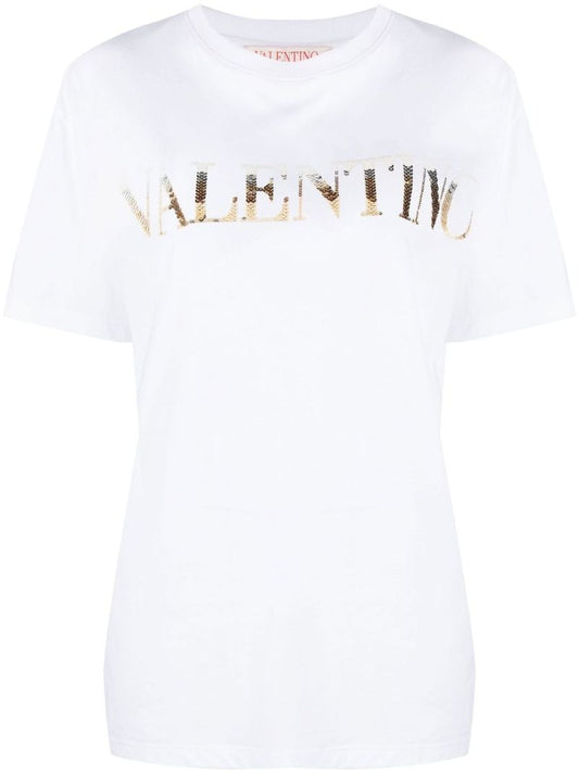 White Embellished Logo Cotton T-shirt
