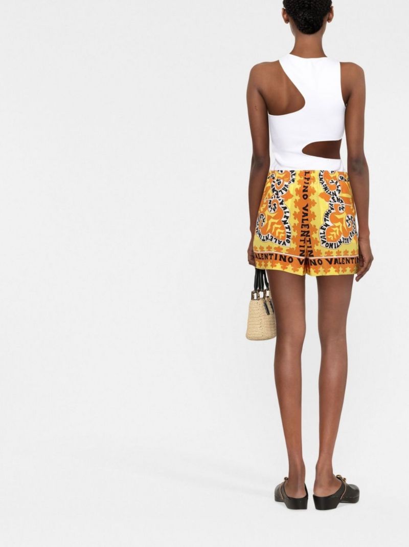 Yellow Logo Print Silk Shorts