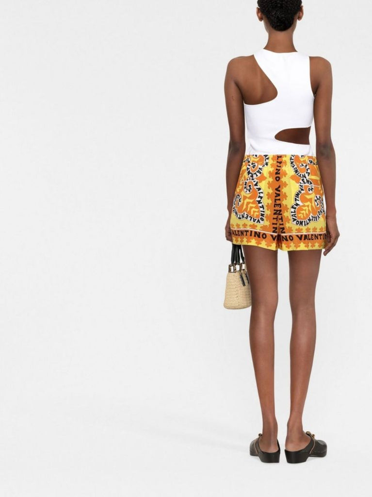 Yellow Logo Print Silk Shorts