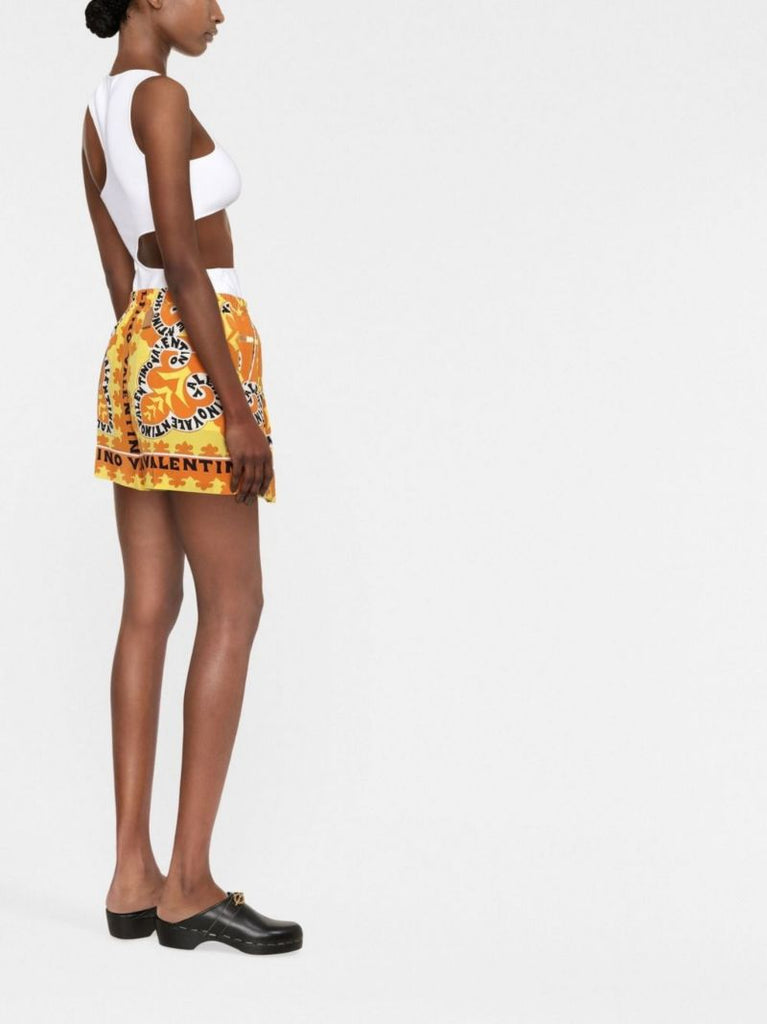 Yellow Logo Print Silk Shorts