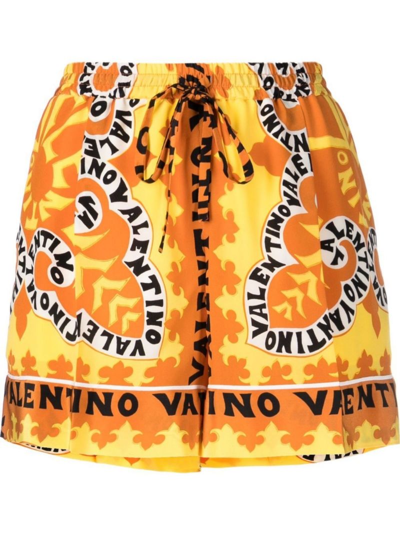 Yellow Logo Print Silk Shorts
