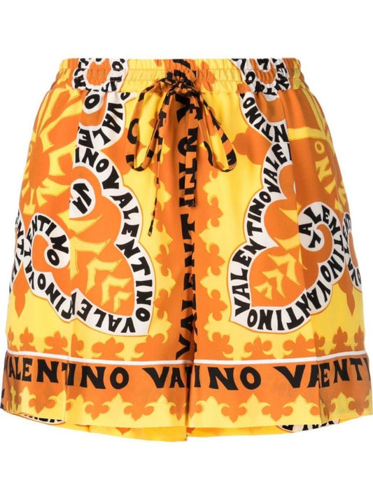 Yellow Logo Print Silk Shorts