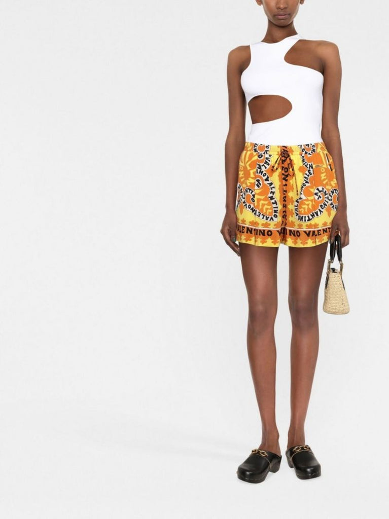 Yellow Logo Print Silk Shorts