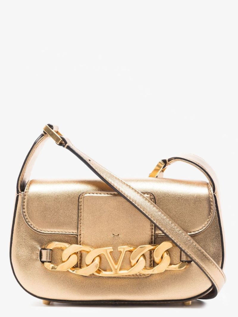 Gold Vlogo Chain Leather Shoulder Bag