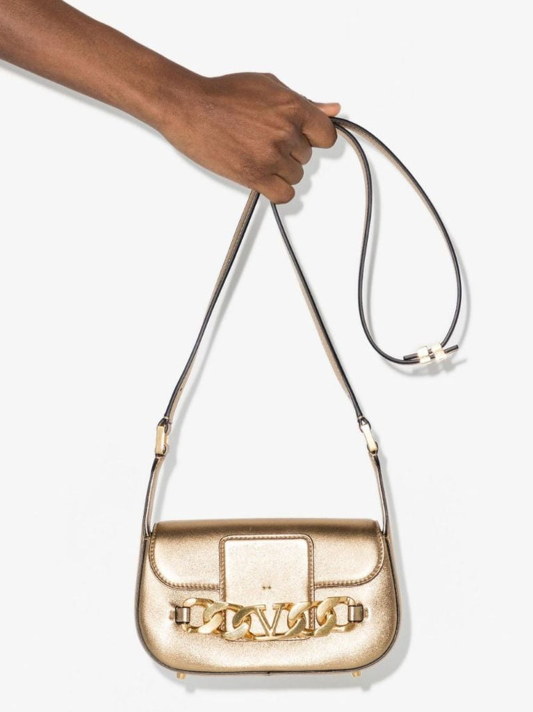 Gold Vlogo Chain Leather Shoulder Bag