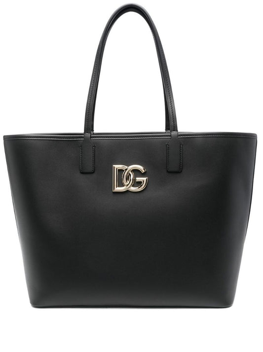 Black Logo Leather Tote Bag