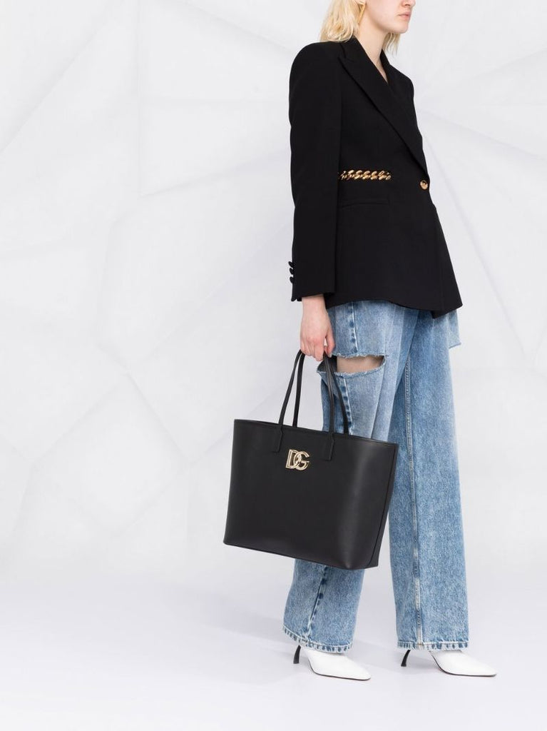Black Logo Leather Tote Bag