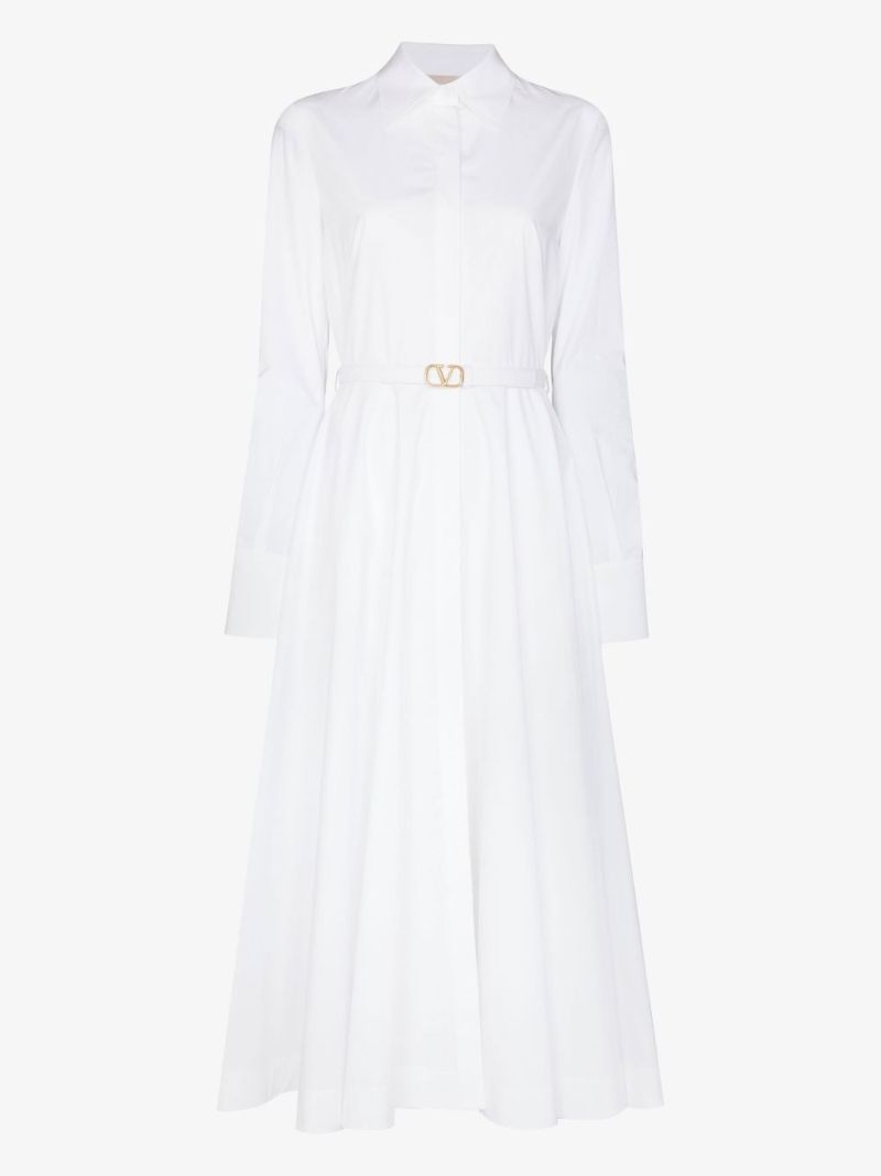 White Belted Cotton Midi Dress