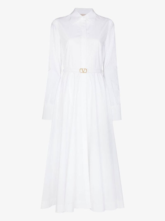 White Belted Cotton Midi Dress