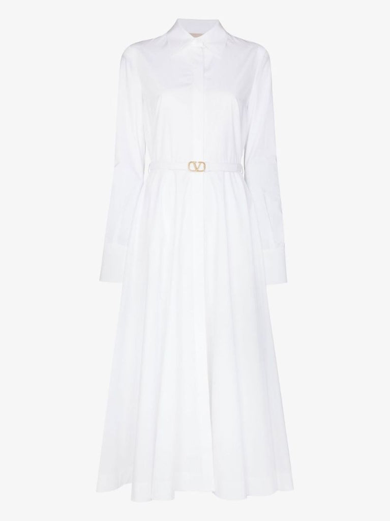 White Belted Cotton Midi Dress