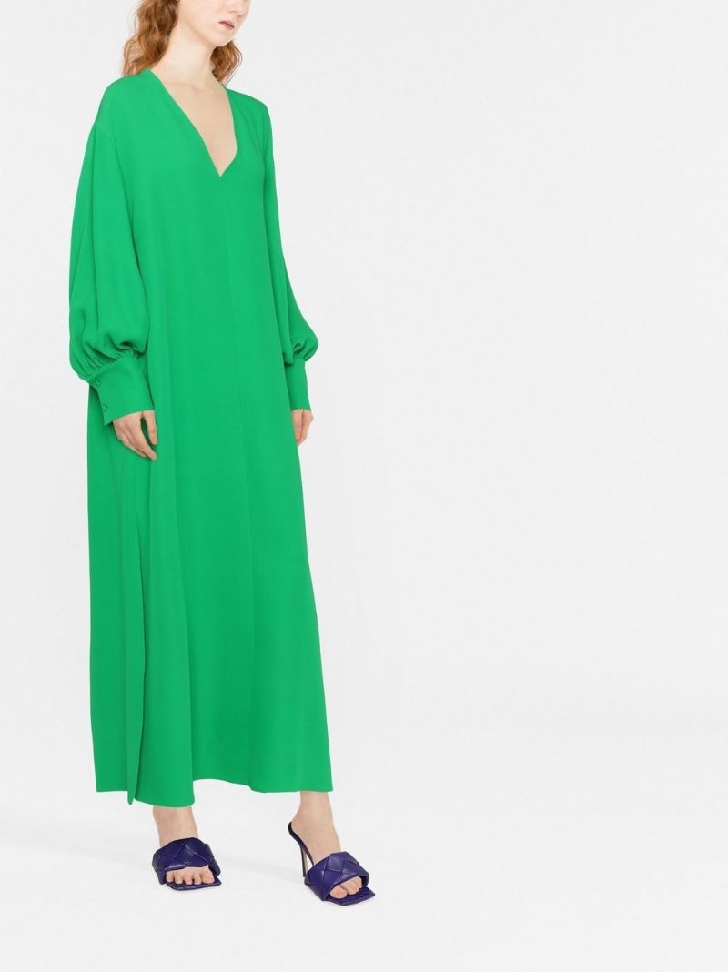 Green V-neck Silk Dress