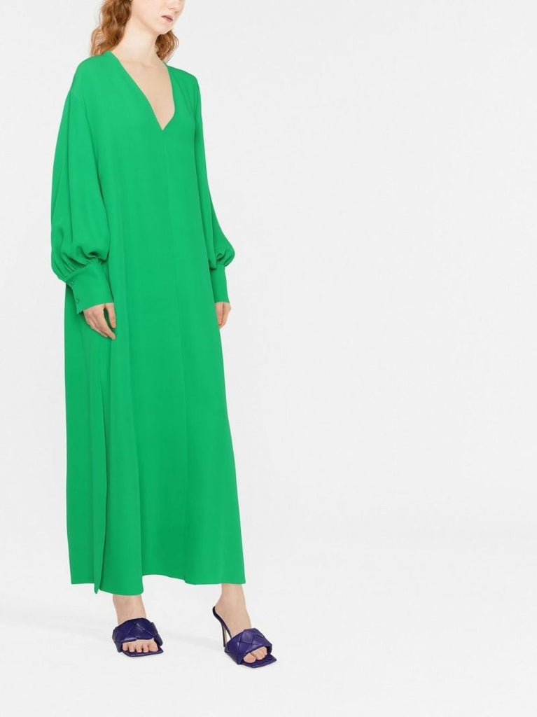 Green V-neck Silk Dress