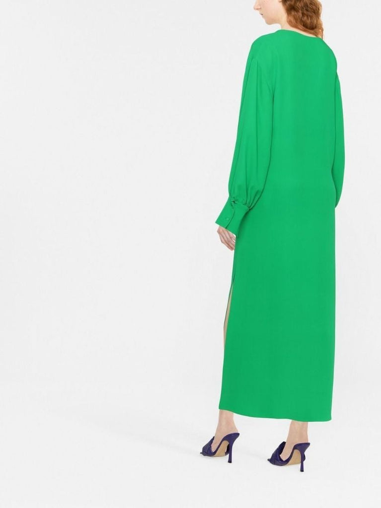 Green V-neck Silk Dress