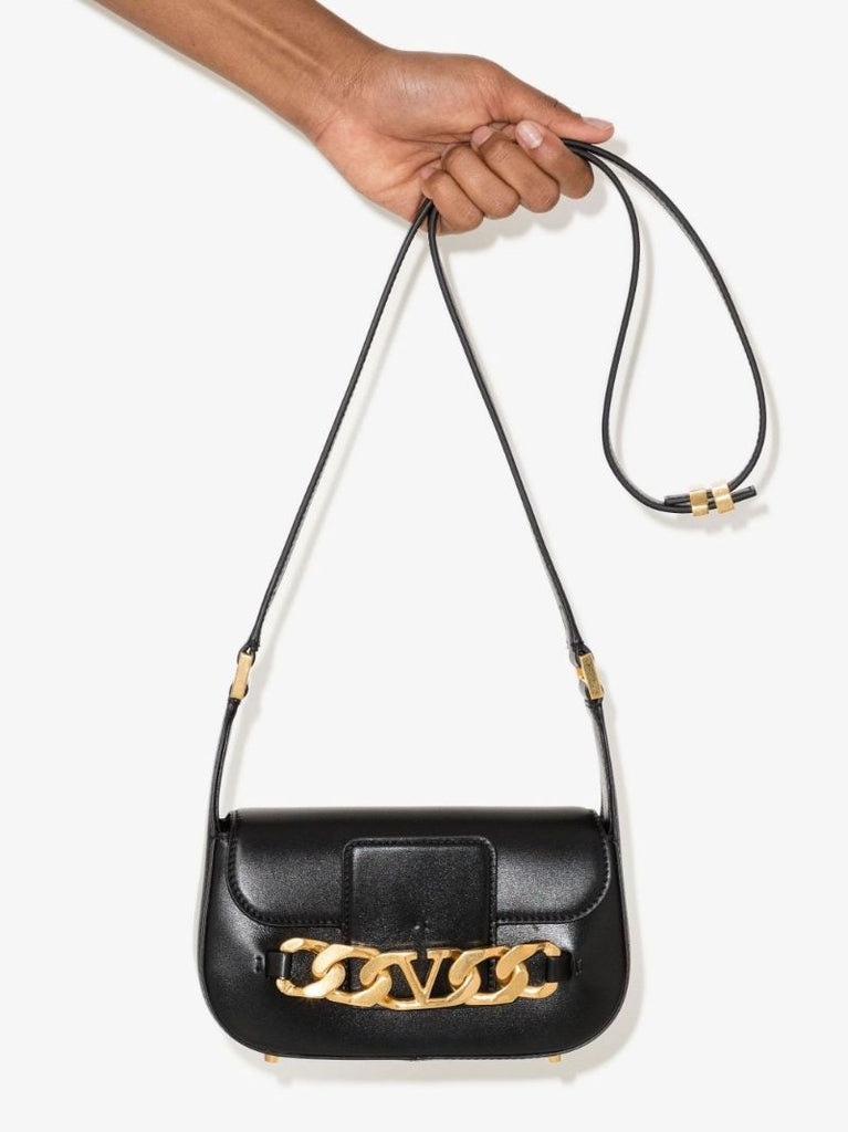 Black Vlogo Chain Small Leather Shoulder Bag
