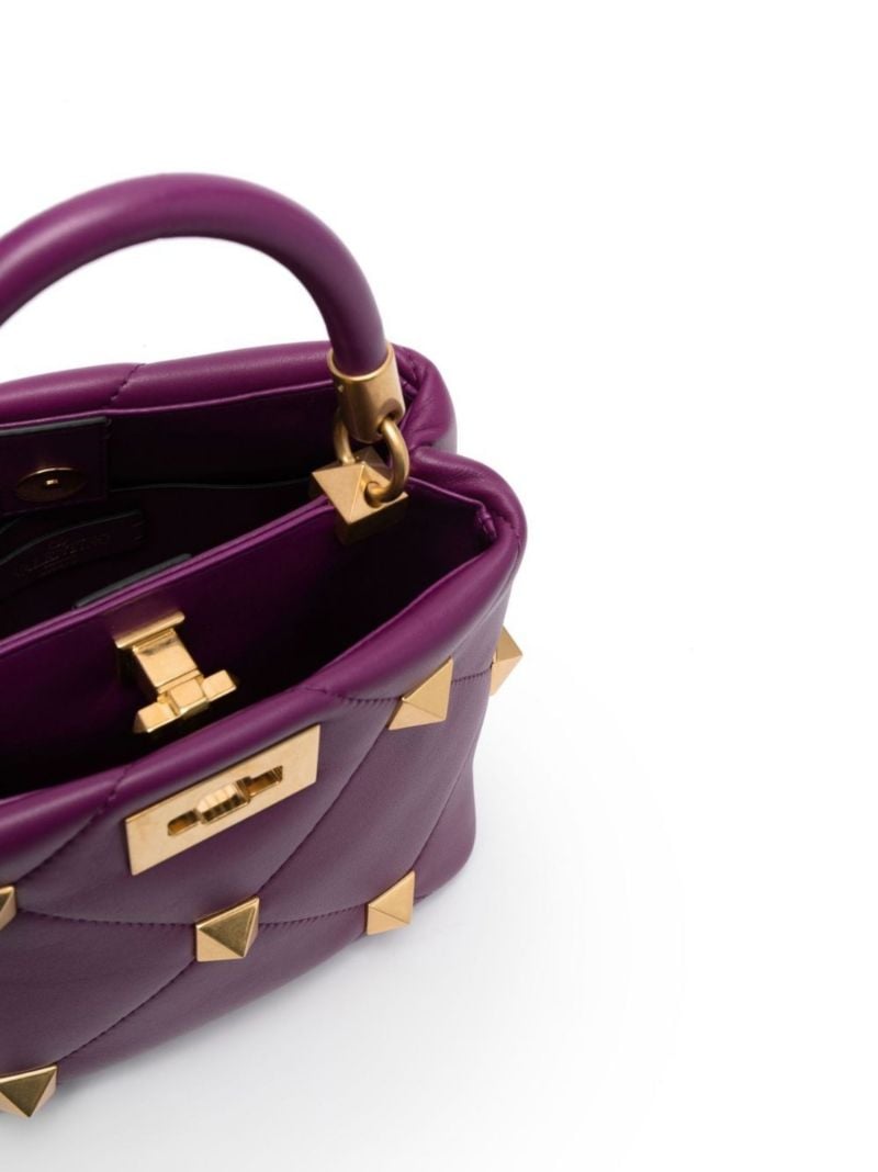 Purple Roman Stud Small Leather Top Handle Bag