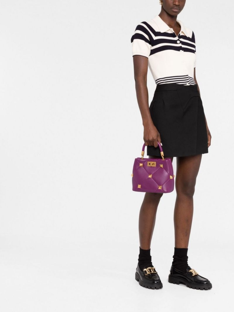 Purple Roman Stud Small Leather Top Handle Bag
