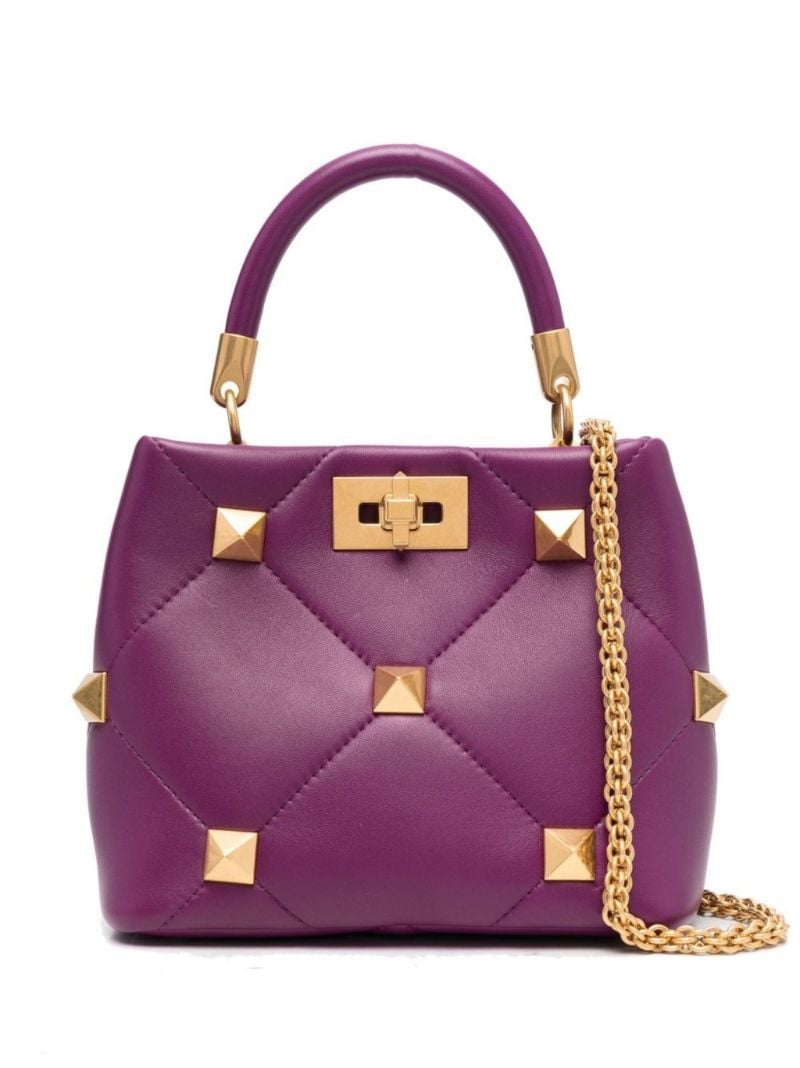 Purple Roman Stud Small Leather Top Handle Bag