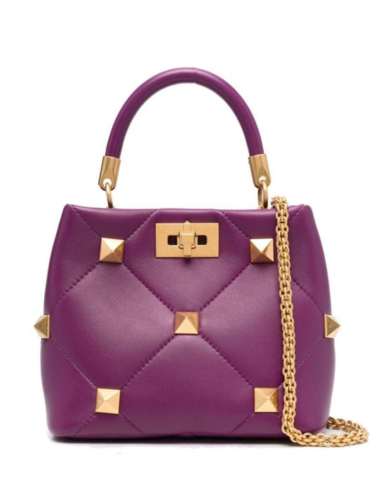 Purple Roman Stud Small Leather Top Handle Bag
