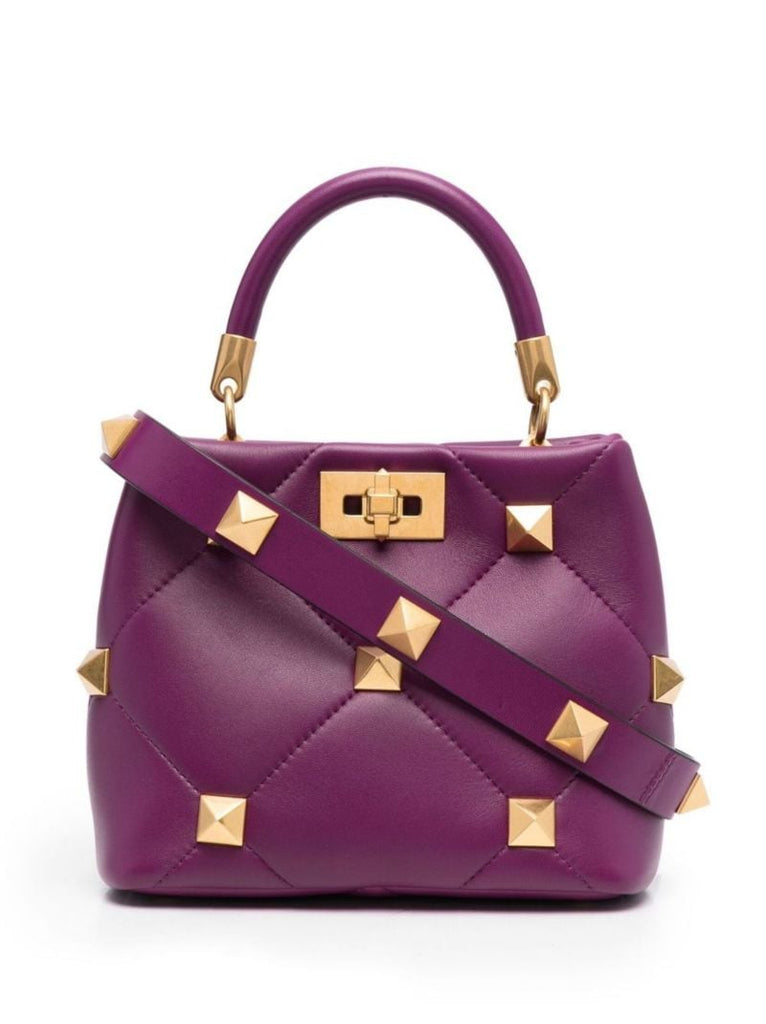Purple Roman Stud Small Leather Top Handle Bag