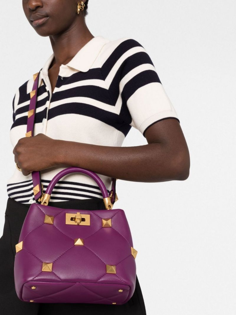 Purple Roman Stud Small Leather Top Handle Bag