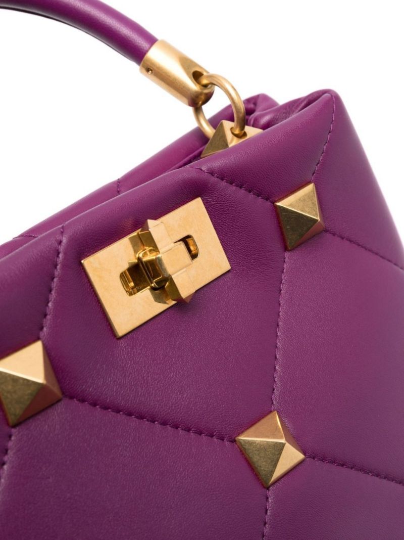 Purple Roman Stud Small Leather Top Handle Bag