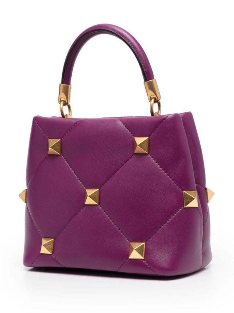 Purple Roman Stud Small Leather Top Handle Bag