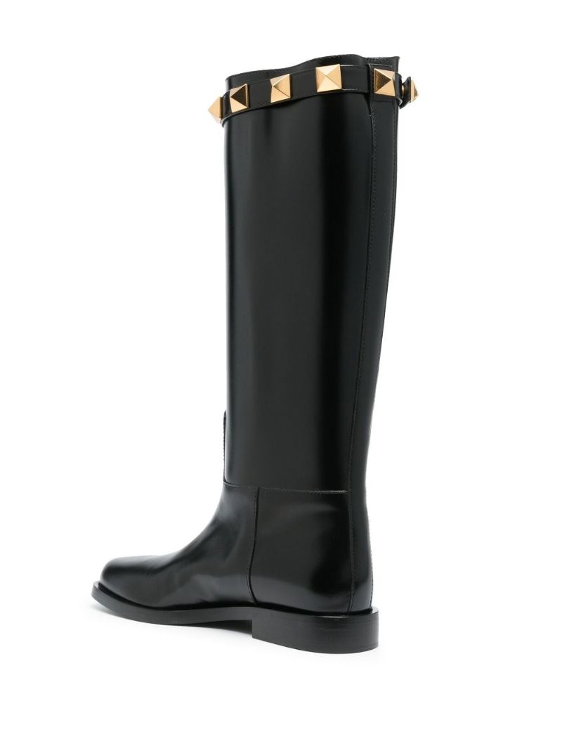 Black Roman Stud Leather Knee-high Boots