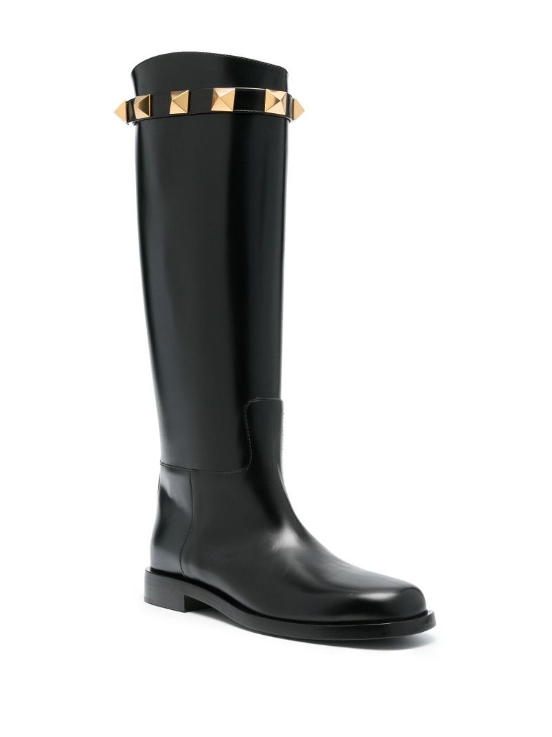 Black Roman Stud Leather Knee-high Boots