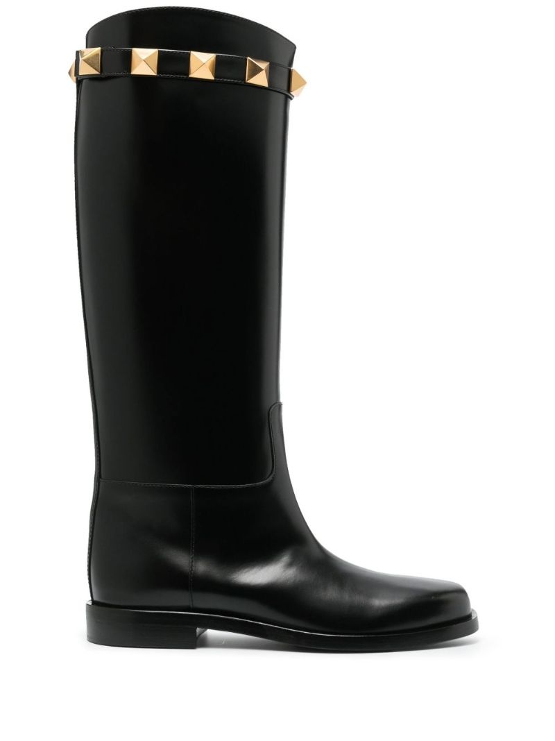 Black Roman Stud Leather Knee-high Boots