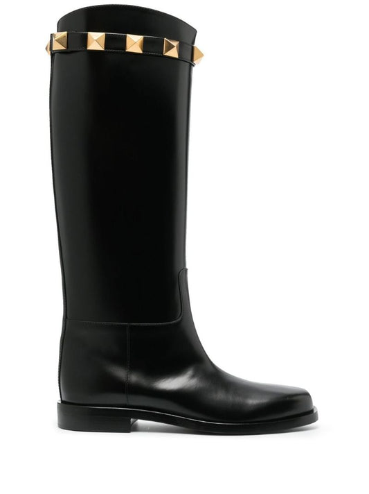 Black Roman Stud Leather Knee-high Boots