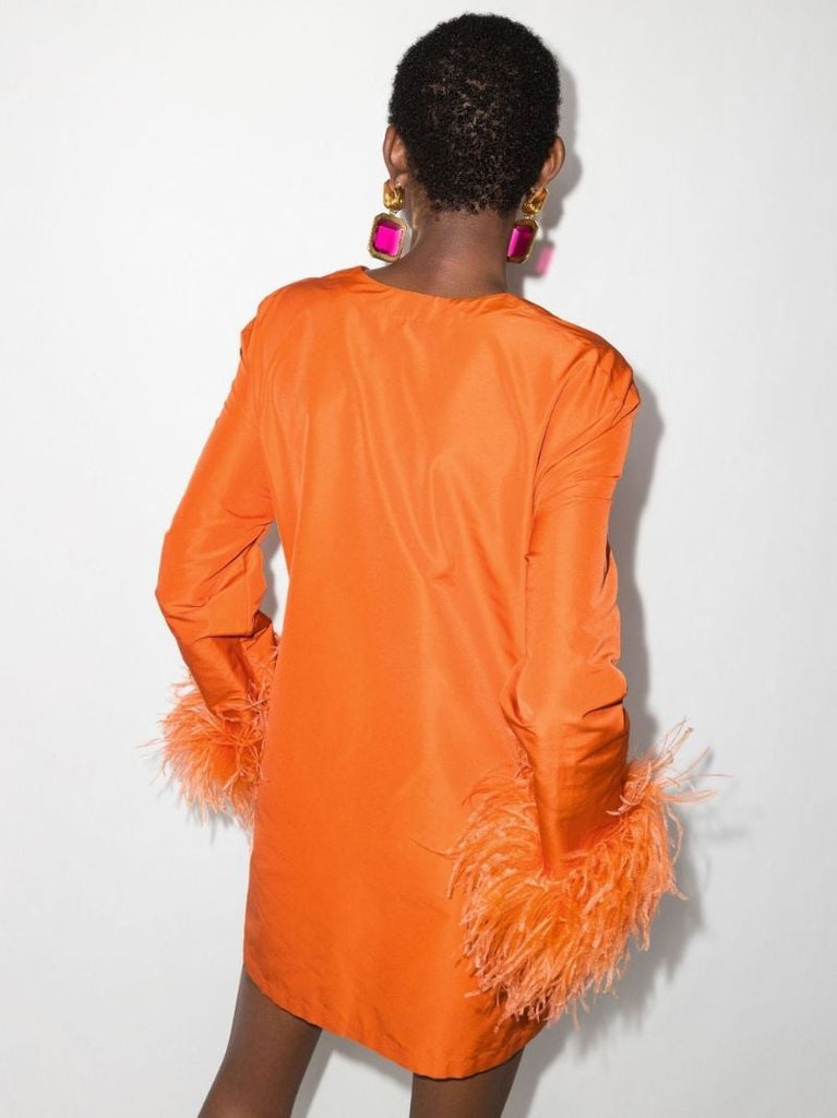 Orange Feather Trim Mini Dress