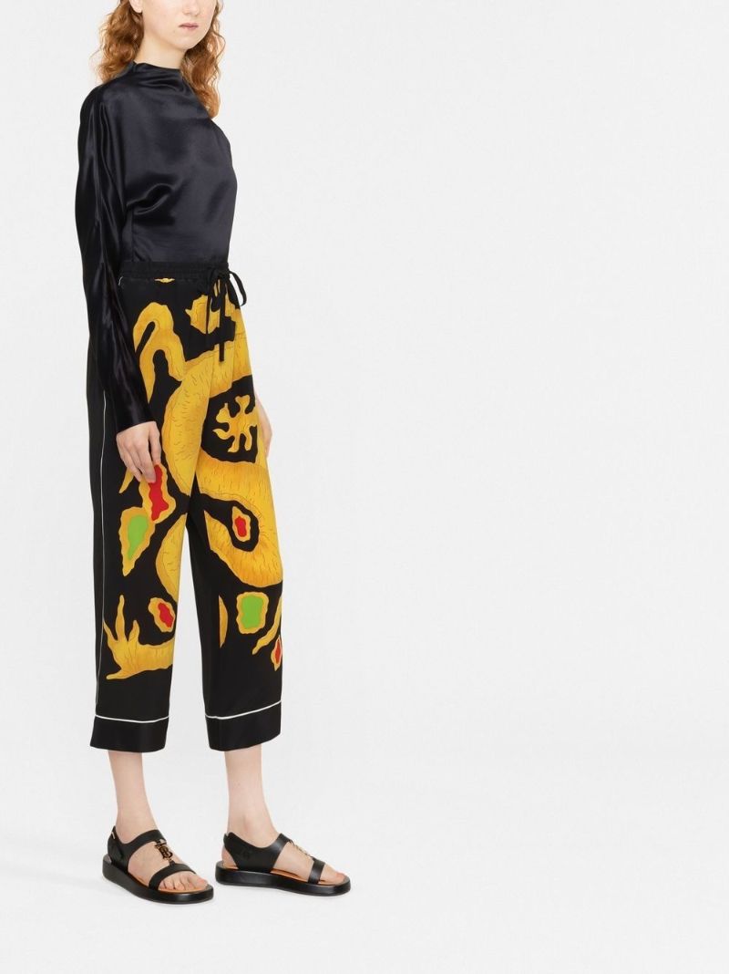 Black Dragon Print Cropped Silk Trousers