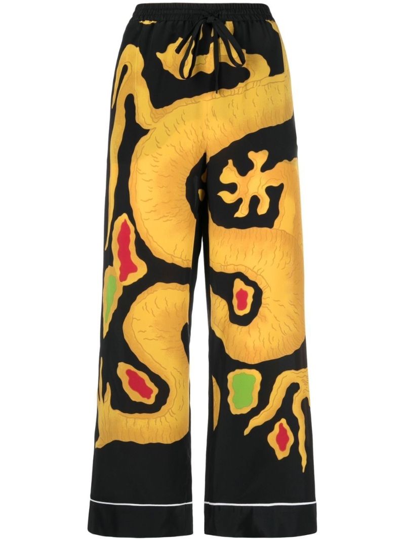 Black Dragon Print Cropped Silk Trousers