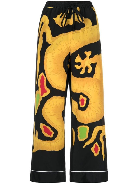 Black Dragon Print Cropped Silk Trousers